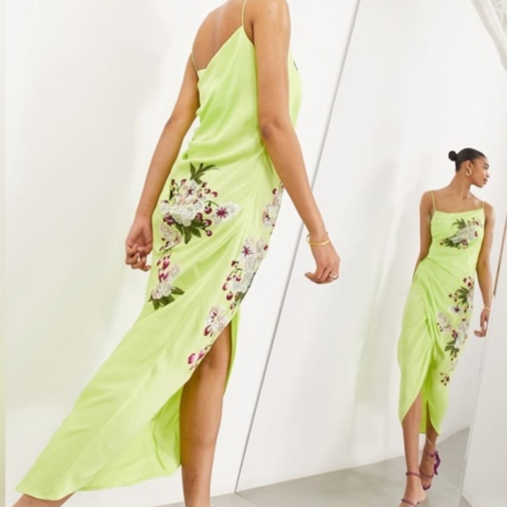 ASOS EDITION Wrap Midi Dress Floral Embroidered Lime Green Satin Draped 4 NWT